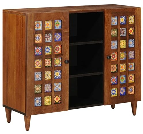 Tomostar Anrichte für Küche, Sideboard, niedrig, Aufbewahrungsschrank, Wohnzimmer, mit Tür, Nussbaum, 90 x 33,5 x 75 cm, massives Mangoholz