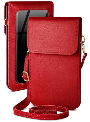moex Handytasche zum Umhängen für Samsung Galaxy S26 kleine Handtasche mit Handyfach und Sichtfenster, 2 extra Fächer Mini PU Leder Handy Umhängetasche Damen CitySling, Rot