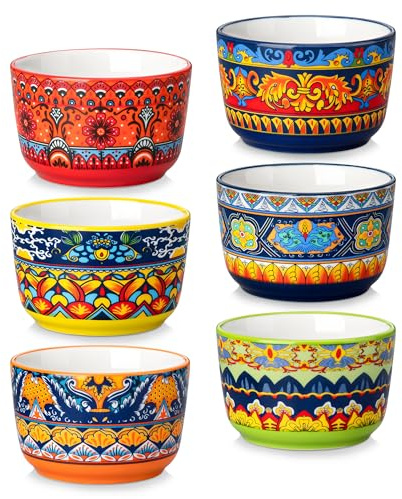 vancasso KRVI 6 oz Ramekins Set of 6, Porcelain Creme Brulee Souffle Dishes | 180 ml Bohemian Baking Cups, Ideal for Pudding, Fruits, Dips, Air Fryer and Oven Safe