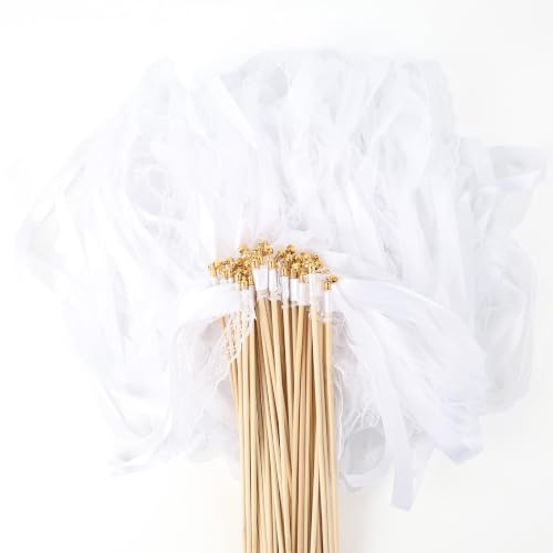 50 Stück Wedding Wands, Stäbe mit Groß Glöckchen und Hochzeitsbändern, Seidenfeenstab, Zauberstäbe Hochzeit Luftschlangen, Zauberstäbe Seidenfeenstab für Hochzeiten, Geburtstage,Feiertagsfeiern (Weiß)