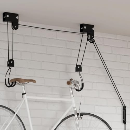QUAHEAS Fahrradlift Deckenmontage aus Stahl mit 57 kg Tragkraft und integrierter Sicherheitsbremse, inklusive Nylonriemen und Befestigungsmaterial, ideal für Keller, Garage, E-Bikes