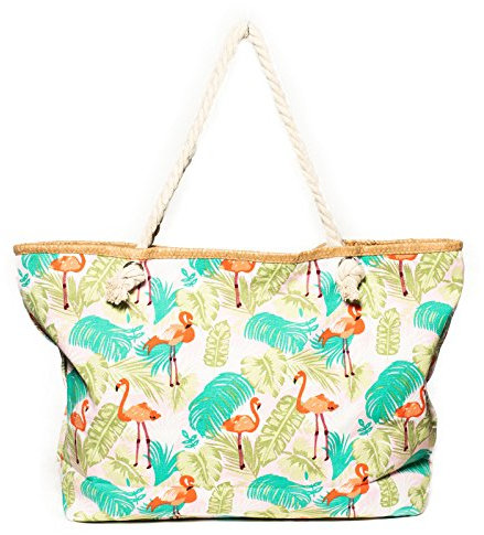 Kandharis Strandtasche Badetasche große Sommertasche Schultertasche Shopper mit Reissverschluss Flamingo Blätter Muster XL Damen ST-20 Grün Mehrfarbig