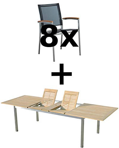 ALEOS. Gartengarnitur Edelstahl Batyline A-Grade Teak Holz Set: Ausziehtisch 200-240-280 x 100 cm + 8 Sessel Serie Kuba-SCHWARZ Gastroqualität