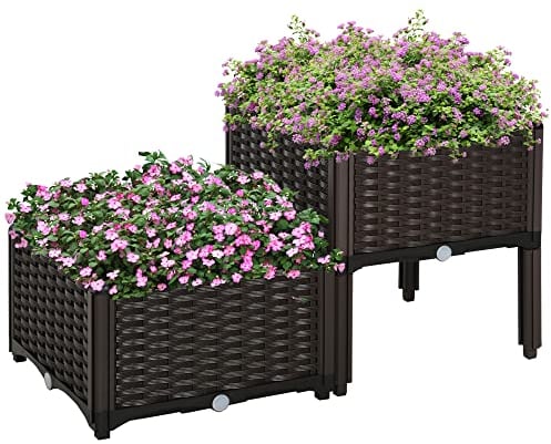 Outsunny Jardinière sur Pieds carré Potager 2 étages dim. 80L x 40l x 44H cm Insert d'irrigation Plastique Chocolat