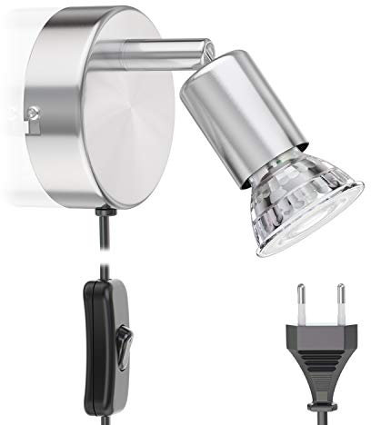 ledscom.de Leselampe Bettleuchte LUNARA, Schalter, Stecker, Edelstahl, chrom matt, inkl. LED GU10 Lampe (warmweiß, 5,4W, 510lm, 50°)
