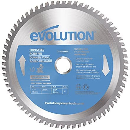 Evolution (T185TCT-68MS) - 185 mm Mitre Saw Blade (AKA TCT Saw Blade) For Cutting Thin Steel - Carbide Tipped Metal Saw Blade Produces Virtually No Heat, Burrs or Sparks