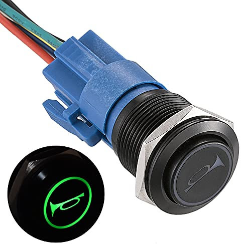 APIELE 19MM Momentan Hupentaste Druckschalter 12V, mit LED wasserdicht Momentary Drucktastenschalter mit vorverdrahtetem Stecker, Auto RV LKW Boot EIN/AUS Taste Schalter (grun)