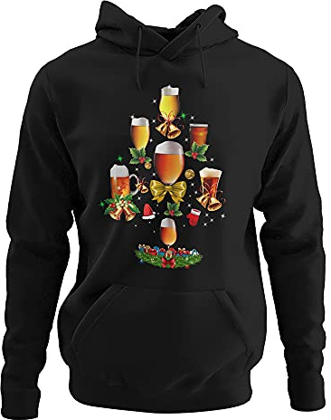 Vulfire Felpa con Cappuccio Unisex Natale Albero di Birre, Felpa Natale Divertente Uomo Donna, Felpa Birra Simpatica, Maglie di Natale Regali Alcool, Birra Gadget Regalo Natalizio