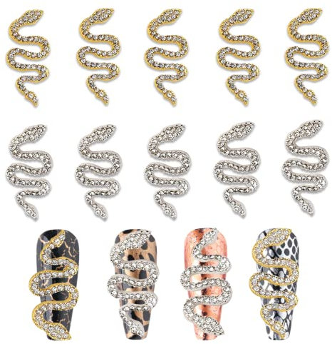 10Pcs 3D Snake Nail Art Charms, HOINCO Retro Alloy Snake Nail with Zircon Gold&Sliver, Wave Crystal Rhinestones and Flash Diamond Metal Jewelry Accessories for Nail Art Decor DIY Crafts