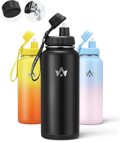 ALongSong Gourde Isotherme 1L Bouteille Thermos Cafe Pour Enfant Femme Homme, Sans BPA, Maintien Froid 48H & Chaud 24H Avec Paille 2 Couvercles - Noir