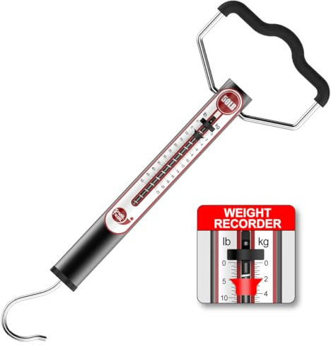 SNAIL TRAIL 50 LB Aluminum Spring Fish Scale with Peak Marker & Zero Reset | Mechanical Tube Fishing Weighing Gauge with Hook, Non-Digital Hand Held Pull Weigher, Hanging Drag Weight Scale