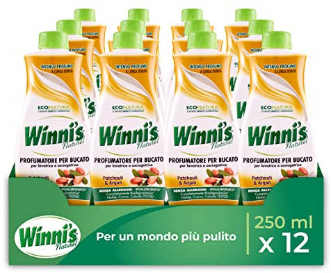 Winni's - Profumatore Bucato Ipoallergenico per Lavatrice e Asciugatrice, Fragranza Patchouli e Argan, con Materie Prime di Origine Vegetale e Bio, 250 ml x 12 Confezioni