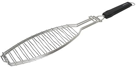 SANTOS XL Fischbräter 61,5cm - Edelstahl Fisch-Grillkorb - Fischhalter mit Hitzeschutzgriff - für Fische bis zu 33cm - Spülmaschinenfest - Fischgrillzange - optimale Grillergebnisse