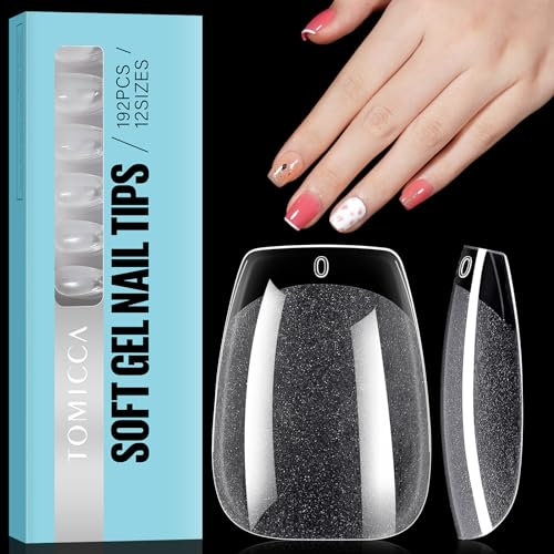 TOMICCA Coffin Shaped Short Nail Tips - 192PCS Half Matte Soft Gel, No File Needed- Full Cover False Nails, Clear Acrylic & Strong Tips for Press On Extension - 12 Sizes