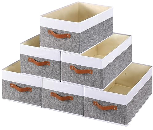 YheenLf 6 Stück Faltbare aufbewahrungsbox, Stoffboxen Aufbewahrung mit Griffen, Schrank Organizer, Aufbewahrungskorb für Kleidung, 41×25×16.5cm, Weiß und Grau
