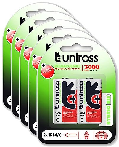 Uniross - Pack de 5 pilas recargables (C/HR14 3000 NIMH HYBRIO, 1,2 V)
