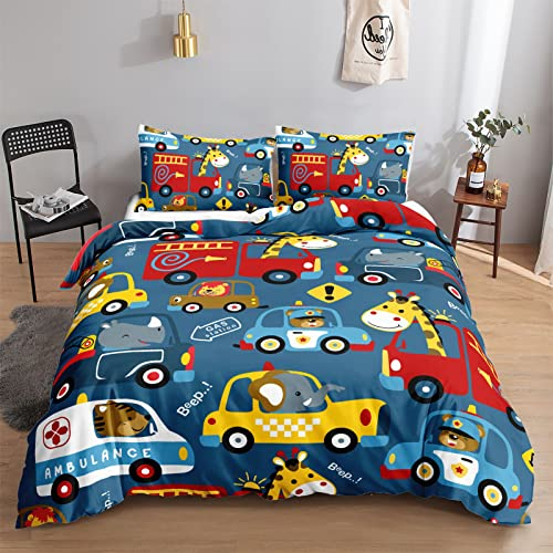 HOSIMA Cartoon-Auto-Bettwäsche-Set für Erwachsene, Jungen und Mädchen, Aquarell-Cartoon-Auto-Druck, Bettbezug mit 2 Kissenbezügen (Cartoon Auto S)