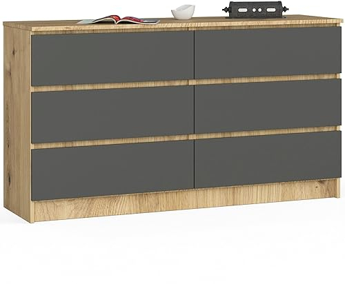 AKORD Kommode K140 138 cm | 6 Schubladen | für das Wohnzimmer | für das Schlafzimmer | für das Arbeitszimmer | Büro | B138 x H77 x T40 cm | Gewicht 50,30 kg | Artisan Eiche/Graphitgrau