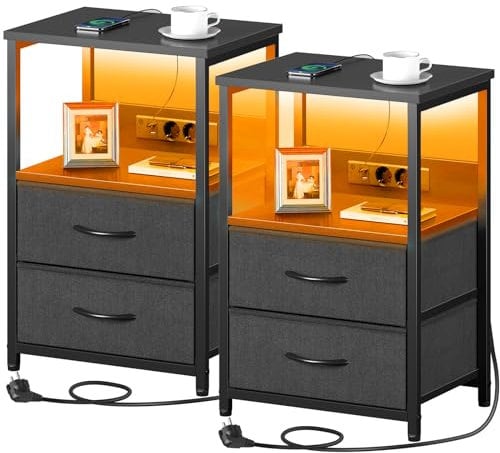 Lot de 2 Tables de Chevet avec 2 tiroirs - Tables de Nuit connectées avec Prises USB et éclairage LED - Table d'appoint pour Chambre à Coucher, Salon ou canapé (2, Noir)