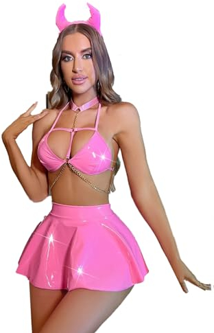 THSCWY Frauen Little Devil Lack Lederkostüm Sexy Hanging Neck Hase Kurzer Rock Set Teufel Bodysuit und Ohrenschutz für Halloween