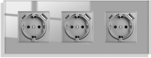 JIMEIDA Steckdose mit USB Glas Grau Unterputz, USB A und Typ C Port max.2.1A, 16Amp Gehärteter Glasscheibe Steckdose 228mm*86mm,3 Fach,250V