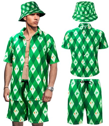 Ramede 3 Stück Herren St. Patrick's Day Kostüm Kleeblatt Shirts und Shorts Set mit irischem Hut Hawaii-Trainingsanzüge für Männer, Klassische Farben, XX-Large
