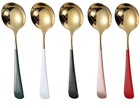 Cucharas soperas 5 piezas de acero inoxidable de la personalidad de los hogares de cabeza redonda cuchara sopera comedor de comidas cuchara linda pequeña cuchara Cucharas de postre