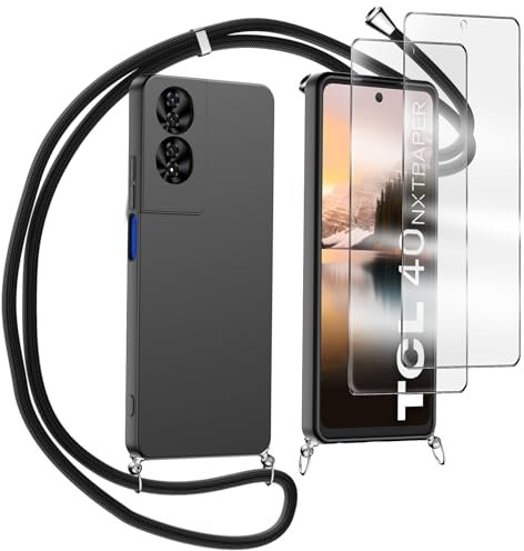 MQERYBV Mobile Phone Chain Compatible with TCL 40 Nxtpaper 4G, Case with Glass Film, Necklace Mobile Phone Case with Removable Cord for Hanging, Silicone Protective Case with Strap in Black