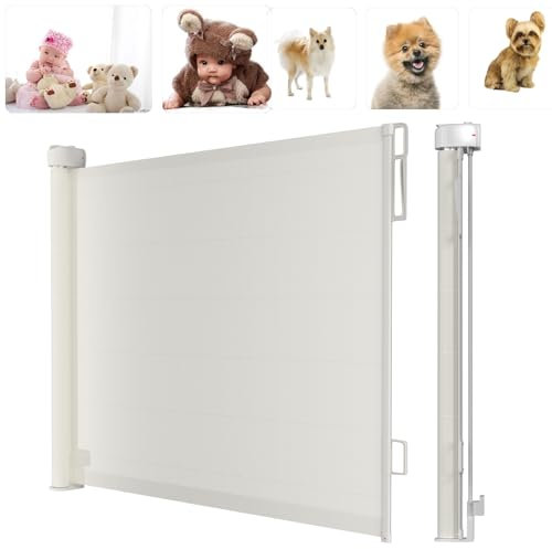 VickyHome Stair Gate For Baby, Metal Extra Wide Baby Gate Mesh Retractable Dog Gate Stairways/Hallways/Indoor/Outdoor, One Hand Operation, Safety Locking Mechanism, 130cm * 88.9cm (L*W), White