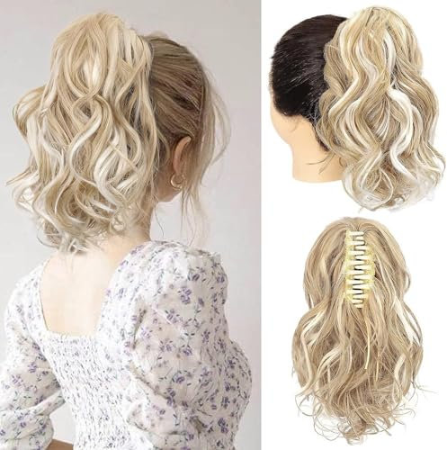 RPAEOY Coleta Postiza Rizada Pelo con Pinza de Garra 35 CM Largas Cola de Caballo Extensiones Ondulado Ponytail Sintético Extension para Mujeres (Rubio Dorado Medio Rubio Blanco Mechas)
