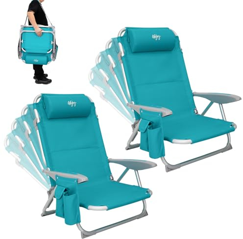 #WEJOY Strandstuhl 2 Set klappbar Hochlehner Klappstuhl 4 Position Leicht tragbar Stark stabil Campingstuhl Lay Flat Chair Max Hold bis 120kg / 265 lbs Cyan