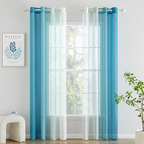 Woaboy Voile Vorhang Zweifarbiger Vorhang mit Ösen Transparente Gardine Ösenschal Dekoschal Fensterschal Lichtdurchlässig für Schlafzimmer und Wohnzimmer 2er Set 140x245cm Wasserblau