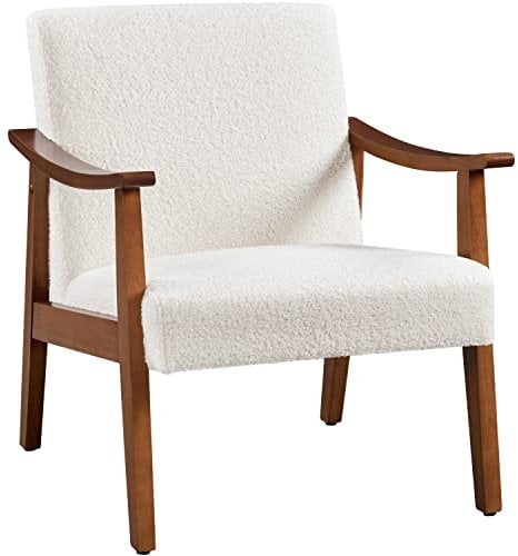 Yaheetech Armchair Boucle Fabric Accent Chair Retro Lounge Chair with Rubber Wood Legs Comfy Seat/Backrest for Living Room Bedroom Dining Room Ivory