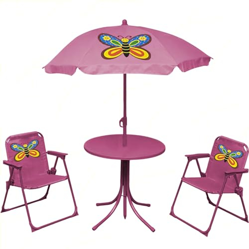Sicignano | Set Sedie Tavolo Ombrellone Regolabile Pieghevole per Bambini Bimbi, Plastica - Colorato, per Giardino Asilo Picnic Parco Giochi (1, Rosa)