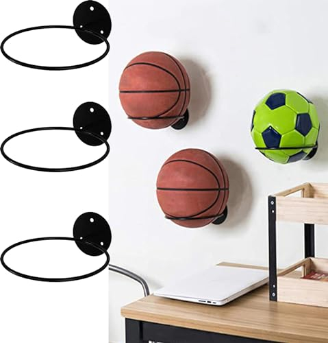 NCONCO Ball Holder 3Pcs Metal Ball Storage Display, Wall Mounted Ball Storage Football Display Stands, Universal Ball Rack Stand for Basketball Soccer Volleyball Flower Pot Hanging Ring