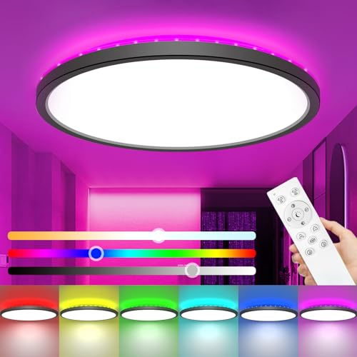 zemty LED Deckenleuchte Dimmbar, 30CM 24W 3200LM Deckenlampe RGB Farbwechsel mit Fernbedienung, 3000K-6500K Wasserdicht badezimmerlampe Decke für Bad Kinderzimmer Schlafzimmer Schwarz