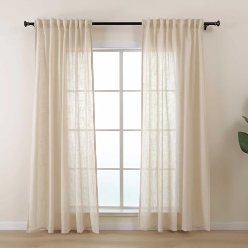 L.Z.E Beige Gardinen mit Kräuselband, Halbtransparente Linen Vorhänge für Wohnzimmer Schlafzimmer Kinderzimmer Fenster, 2er Set Unifarbe Leinenoptik Landhaus Stil 215cm Lang (LZE2206T-BG215)