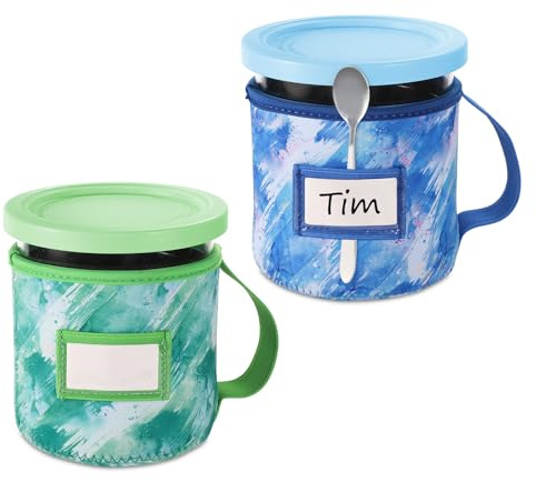 2pcs Ice Cream Neoprene Sleeves, Tie-Dye Print Reusable Insulated Insulator Cup Cover for Ninja Creami Pint Deluxe Container Part with Handle Spoon Holder and Name Plate Accessories(24oz, B+D Style)