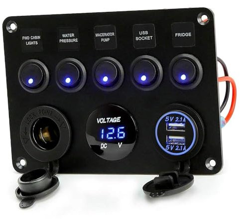 Gatphy Pannello Interruttori per Auto Barca 5 Gang Interruttore a Levetta ON-off 2USB Presa Voltmetro a LED 12V 24V Presa di Corrente per Camper Veicoli Marine RV Truck (Blu)