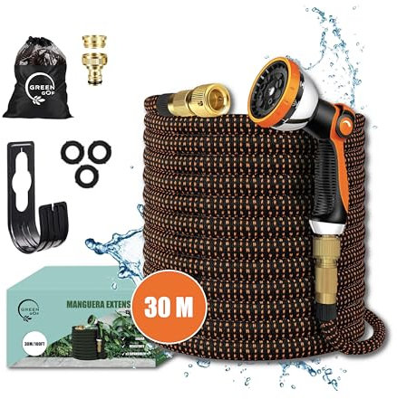 GREENGOF Manguera de Jardín Premium 30 Metros - Boquilla de Pulverización de 10 funciones, Ligera y Extensible - Conectores de Latón y Alta Resistencia con Núcleo de Látex - Color Naranja.