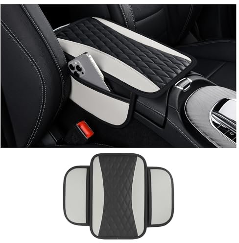 Auto VerbesserteArmlehnenbezug,Mikrofaser-Leder Auto Armlehnenabdeckung mit 2 Aufbewahrungstaschen,Universal Armlehnen Polster Auto Zubehör Innenraum für die Meisten Fahrzeuge (Grau)
