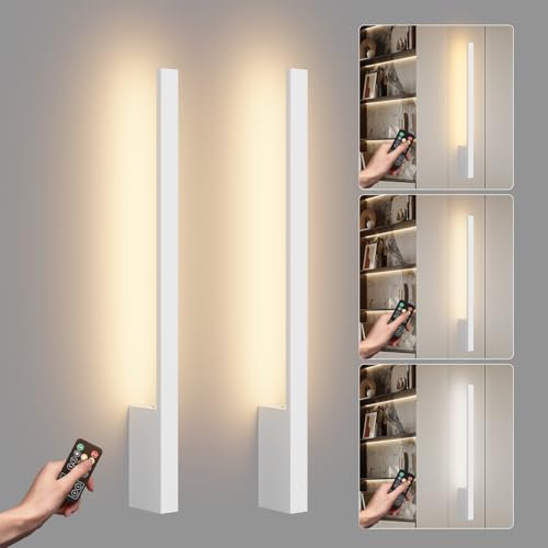 Klighten 6000 mAh Applique da Parete Interno Dimmerabile Batteria Operata,2PCS Lampada da parete Senza Fili con Telecomando,Lampada da Muro Batteria Ricaricabile USB,3000K-6000K,60 cm,5W,Bianco