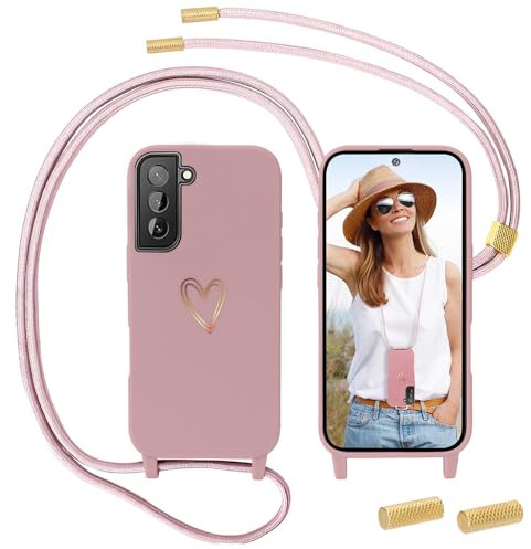 Handyband für Samsung Galaxy S22 5G Hülle mit Band, MoEvn Necklace Handyhülle mit Kordel für zum Umhängen Herz Muster Silikon Case Stoßfeste Schutzhülle mit Abnehmbar Kette für Samsung S22, Rosa