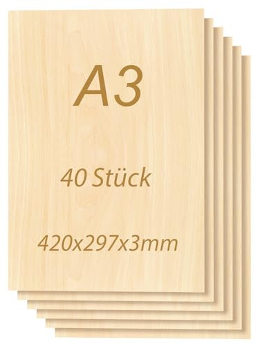 Tocome 40 unidades de madera contrachapada de tilo A3, 420 x 297 x 3 mm, aptas para láser, de tilo, 3 mm, madera contrachapada de tilo