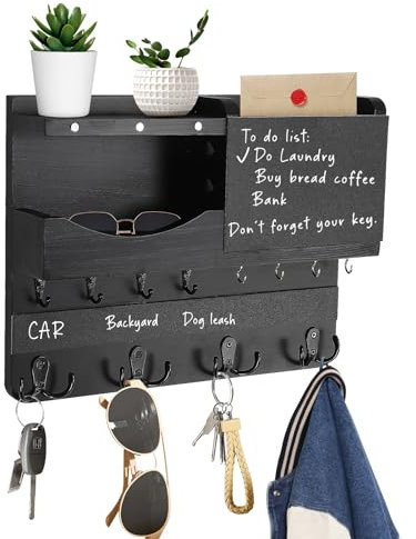 JKOKPMG Schlüsselbrett Holz mit Ablage, schlüsselkasten Holz,Schlüsselhalter mit Edelstahlhaken,Schlüsselablage Wand, Schlüsselboard aus Buche,Schlüsselhaken Key Holder Modern schwarz