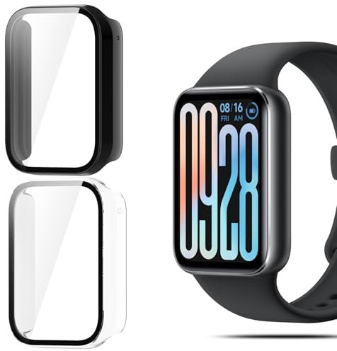 QULLOO 2 Stück Schutzhülle für Xiaomi mi Smart Band 9 PRO Displayschutz,Voller Schutz Hülle,PC Hard Schutzfolie Case Cover für Xiaomi Band 9 PRO mit Displayschutzfolie - Schwarz + Transparent