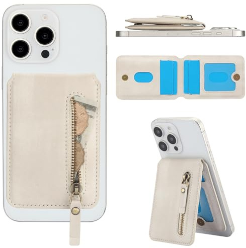 Fofvccv Magnetischer Kartenhalter Kompatibel mit MagSafe Wallet - ZY Weiß | PU Leder Wallet mit Reißverschluss & RFID-Schutz Magnetisches Kartenetui für iPhone 16 15 14 13 12 Serie