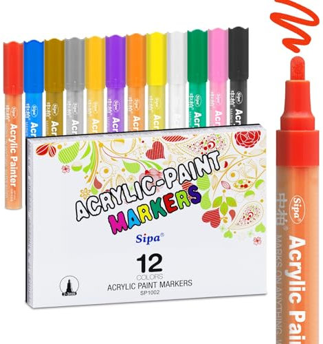 Sipa Acrylstifte Set 12 Stück Wasserfest, Acrylic Paint Marker für Steine, Keramik, Glas, Tassen und Leinwand, 3mm Acrylmarker mit Acrylfarben Set Stifte, Acryl Marker Stifte für Holz, Metall, Papier