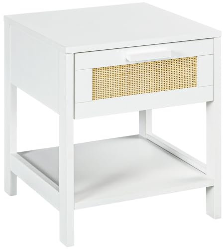 HOMCOM Table de Chevet Table de Nuit avec tiroir et étagère, cannage en rotin, dim. 40L x 40l x 48H cm Blanc