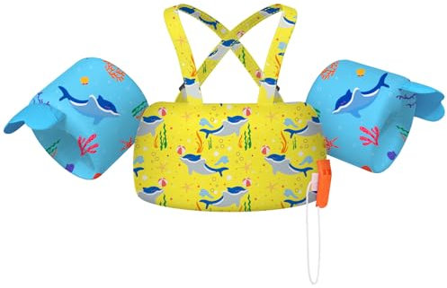 HeySplash Chaleco de Natación para Niños, Manguito de Natación con Correa Ajustable, Flotador de Piscina para Niñas de 2-6 Años, Flotador para Niños Aprendan a Nadar, Amarillo Azul Ballenas